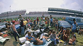 Still image of Motorcyclists in the snake pit at the Indianapolis Motor Speedway.